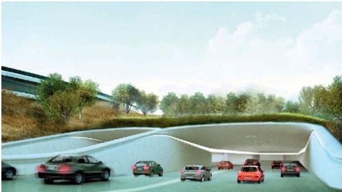 Đường vào bãi đậu xe ngầm ẩn ngay dưới rừng cây xanh